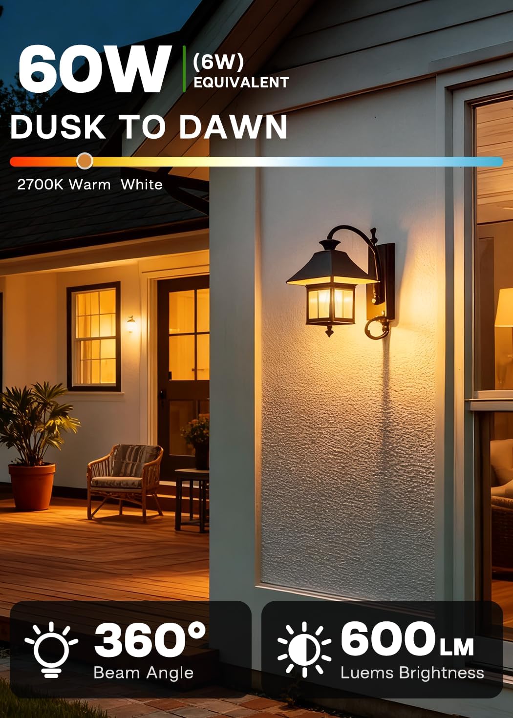 Dusk to Dawn Light Bulb Outdoor, Soft White 2700K, 6W Equivalent 60W