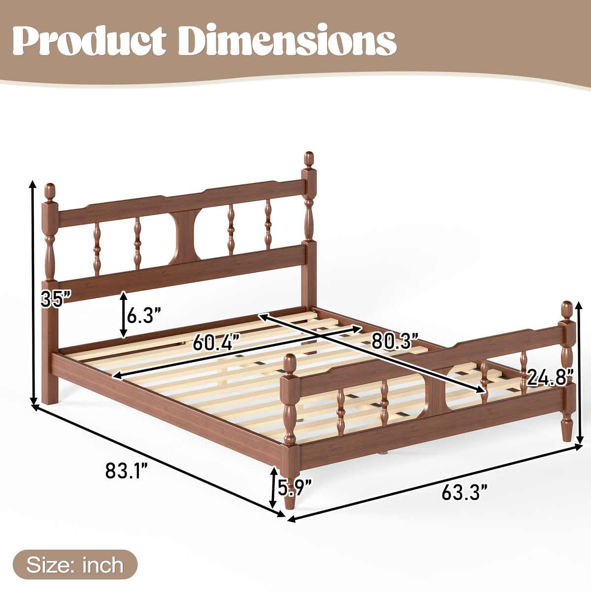 Queen Vintage Wood Spindle Post Bed, Bamboo Platform Bed, Brown