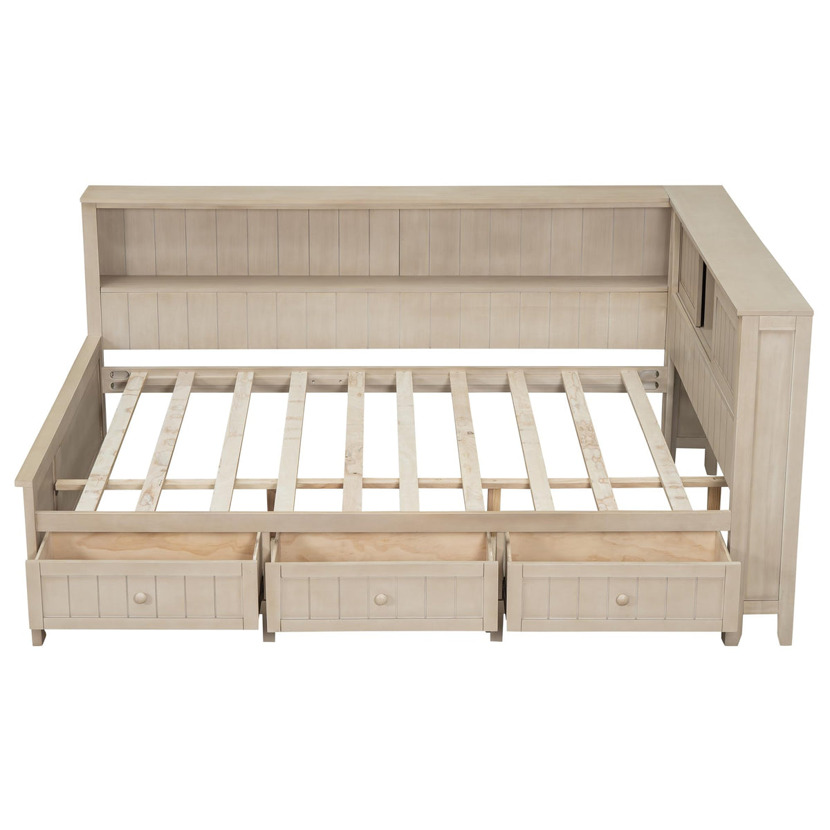 Wood Day Bed with Storage Drawers, Farmhouse Daybed with Shelves, Storage Headboard and Sliding Doors, L