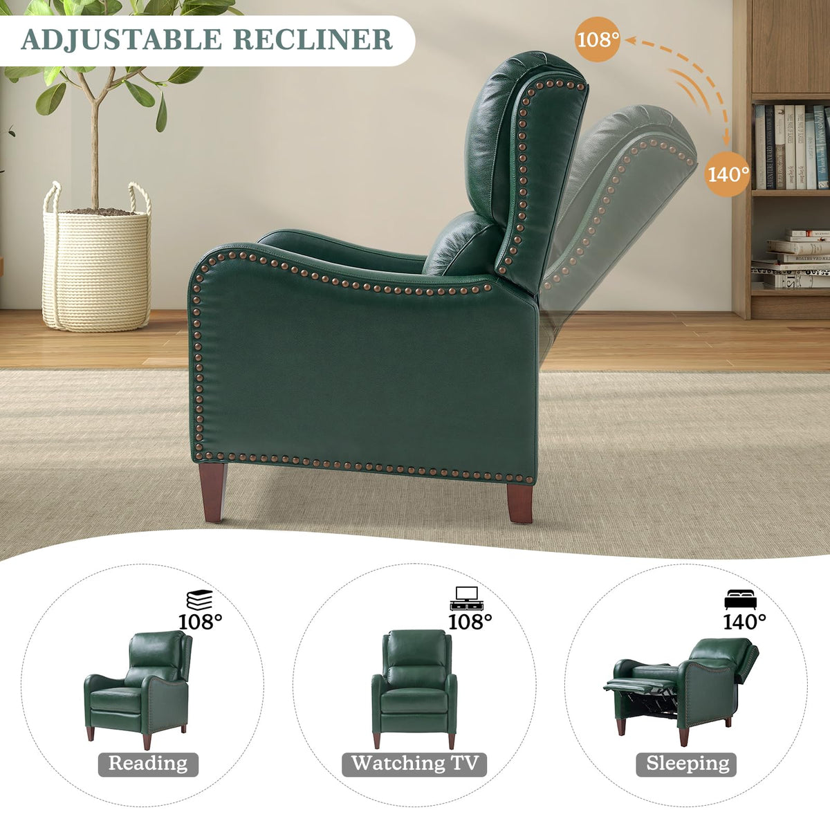 Genuine Leather Recliner Chair Set of 2, Green