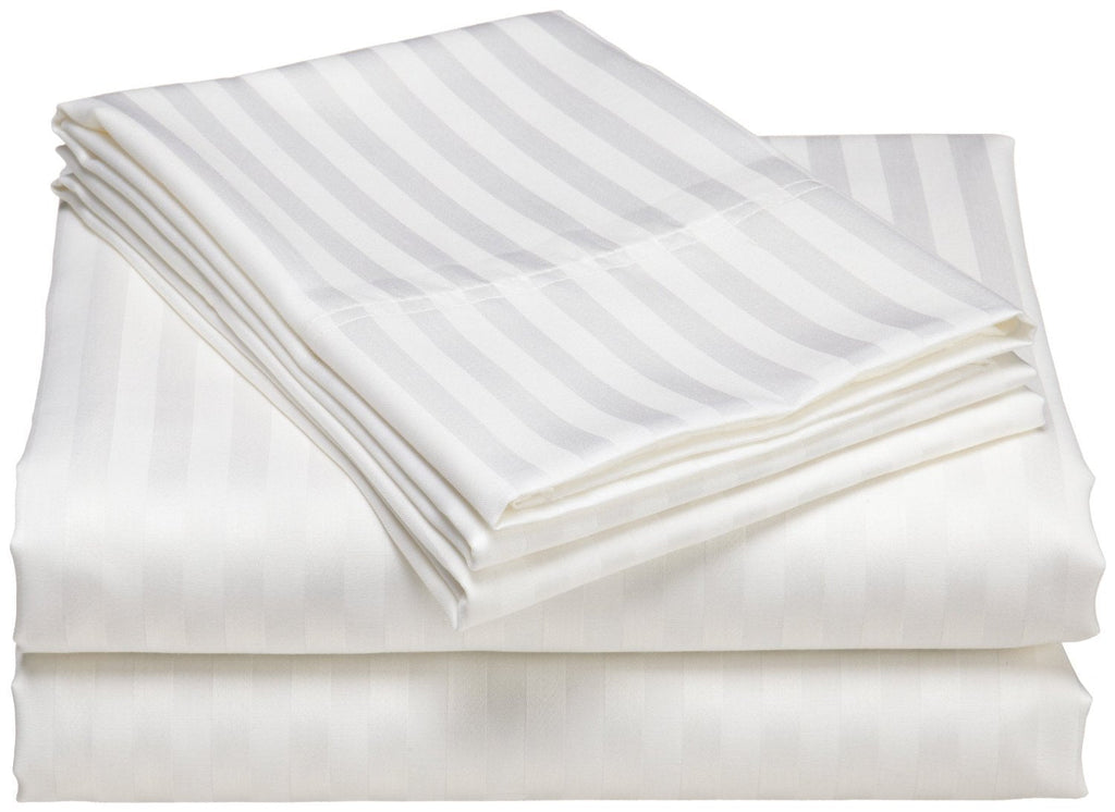1200 Thread Count 100% Egyptian Cotton Superior Wrinkle Resistant 4PC Stripe Bed Sheet Set (Queen, White)