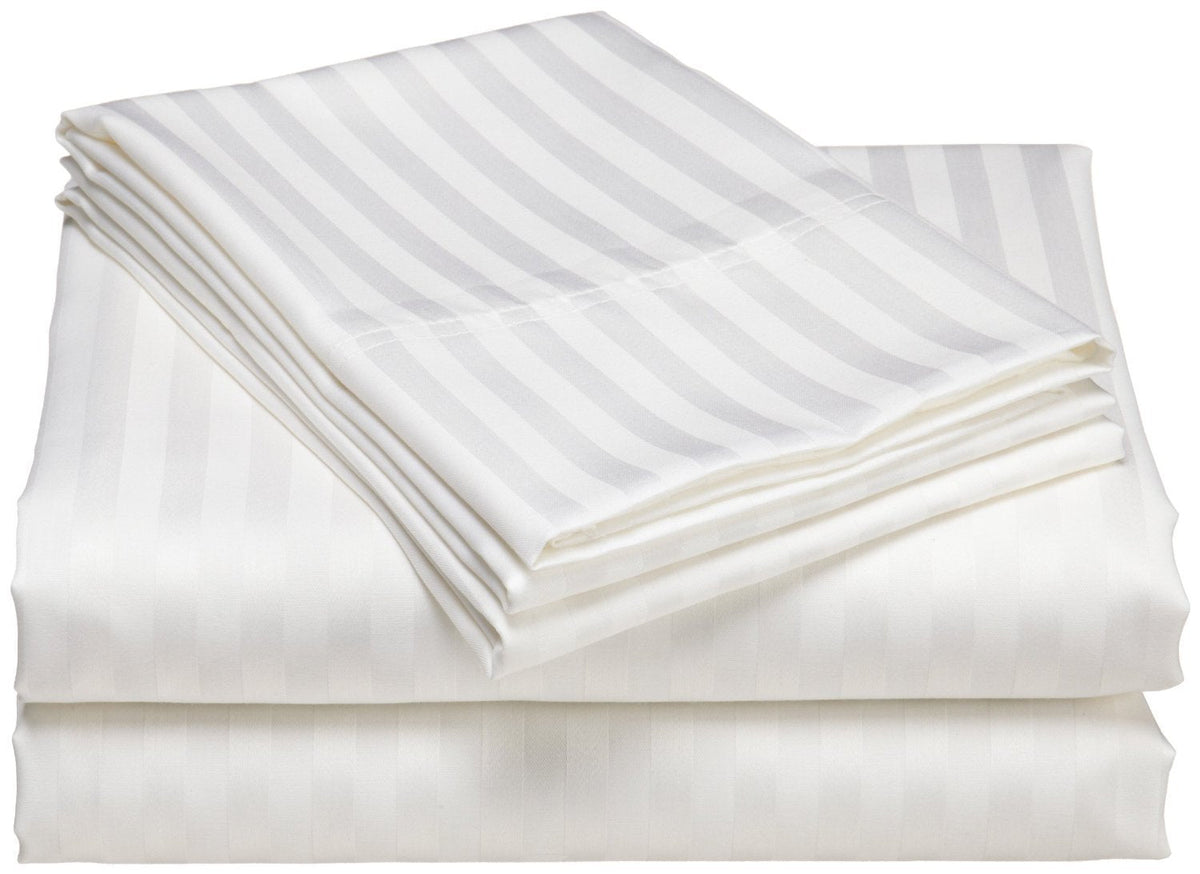 1200 Thread Count 100% Egyptian Cotton Superior Wrinkle Resistant 4PC Stripe Bed Sheet Set (Queen, White)