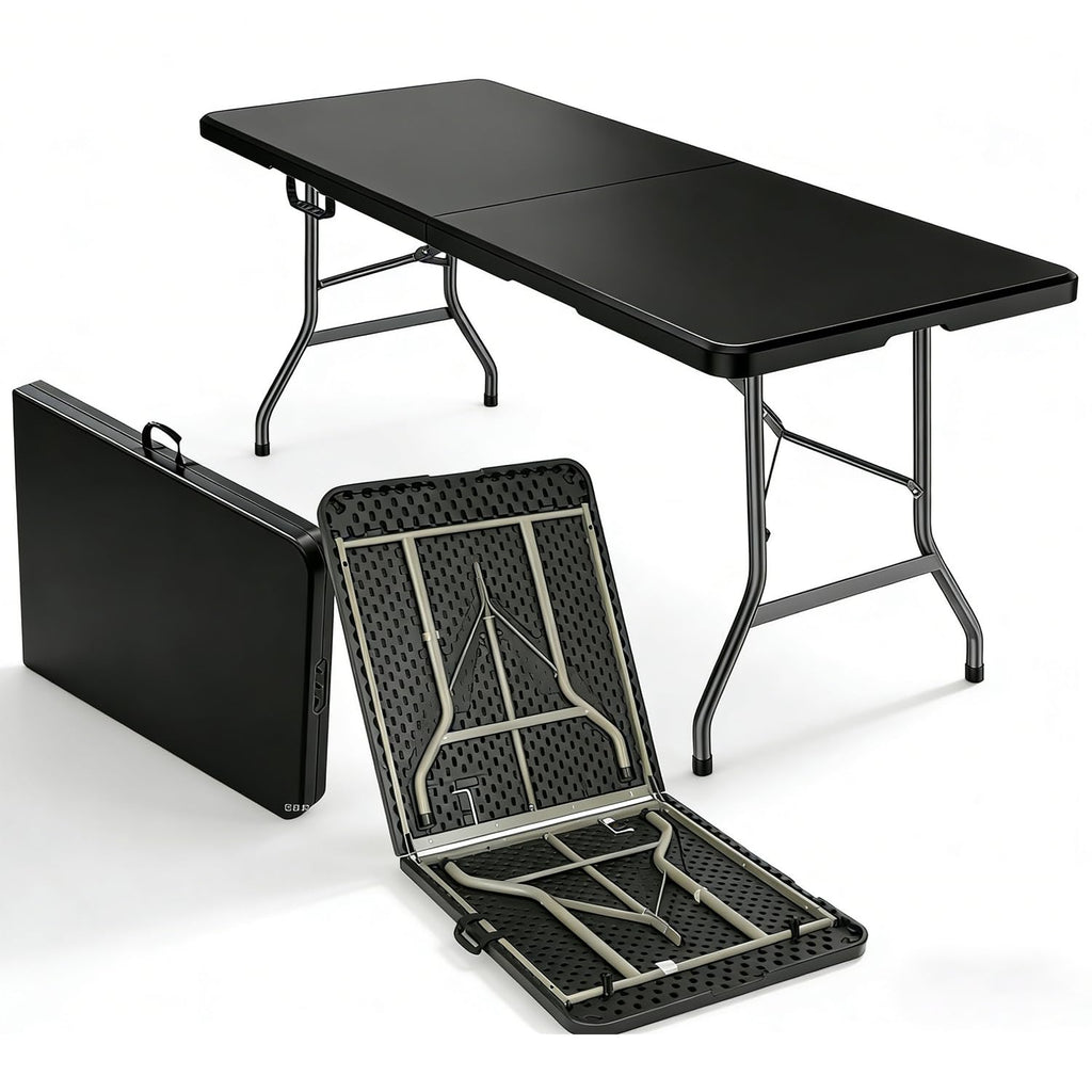 6FT Folding Table, Black Portable HDPE Utility Table with Carry Handle