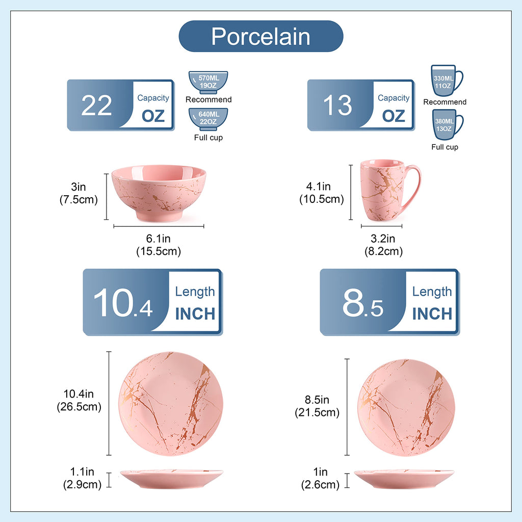 Pink Dinnerware Set for 4, 16 Piece Porcelain Dish With Plates, Bowls and Mugs, Gold Splash Glaze Round Modern