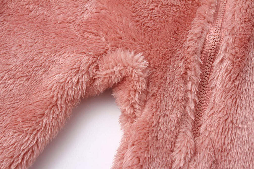 Girl's Winter Polar Fleece Playsuit Cozy Lined Loose Fit Warm Hooded Romper for Baby Toddler Pink