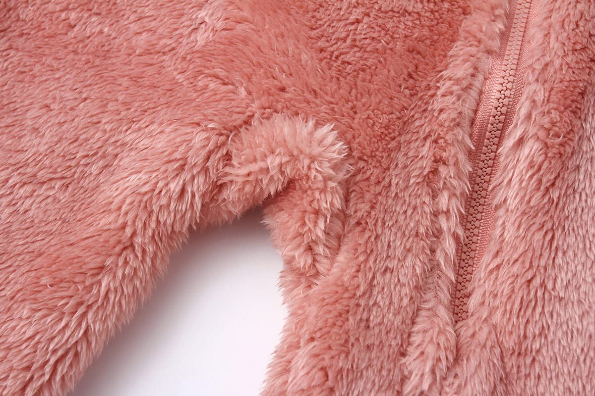 Girl's Winter Polar Fleece Playsuit Cozy Lined Loose Fit Warm Hooded Romper for Baby Toddler Pink