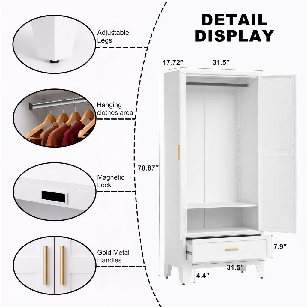 71" H White Closet,Armoire Wardrobe Closet,Metal Wardrobe Closet with Doors and Shelves,Large Wardrobe Closet