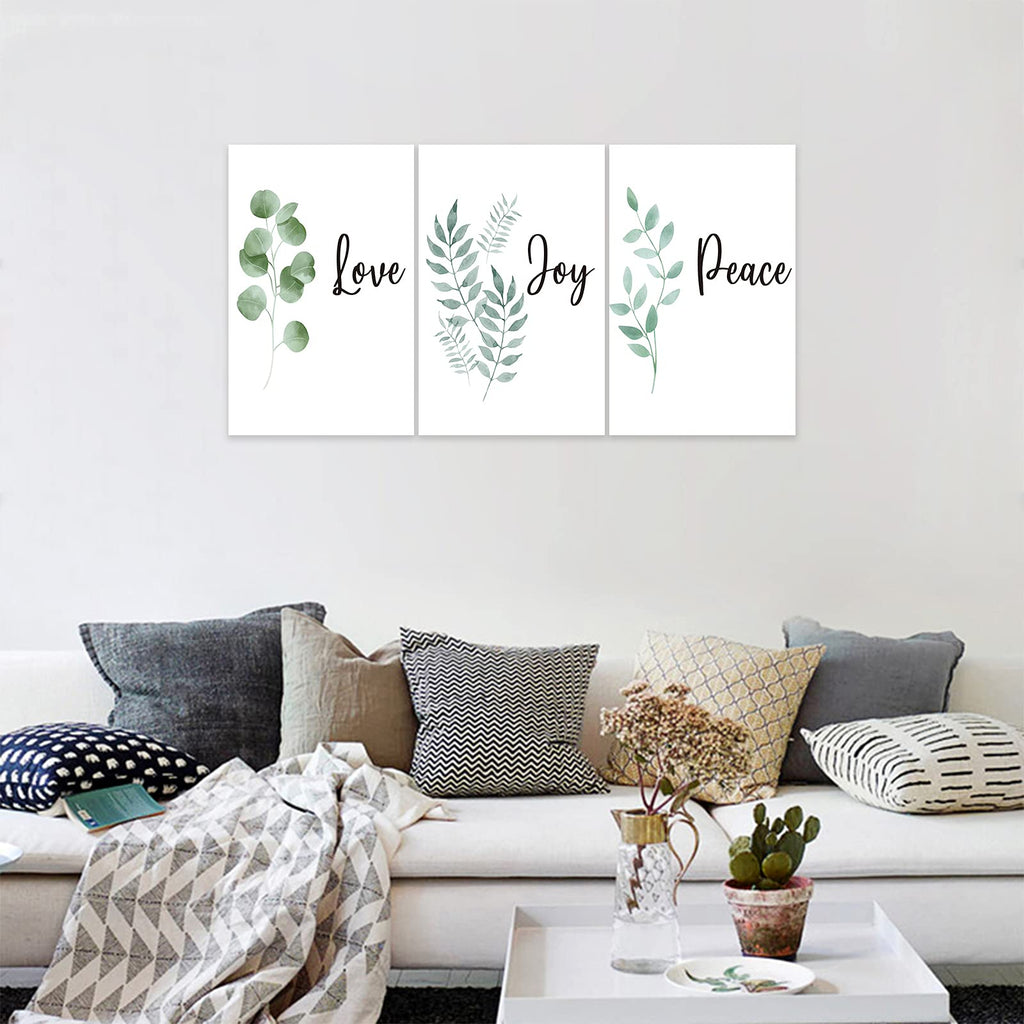 3 Piece Inspirational Wall Art, White Plants Background Picture, Quotes "Love Joy Peace" Canvas Print Decor, Triptych