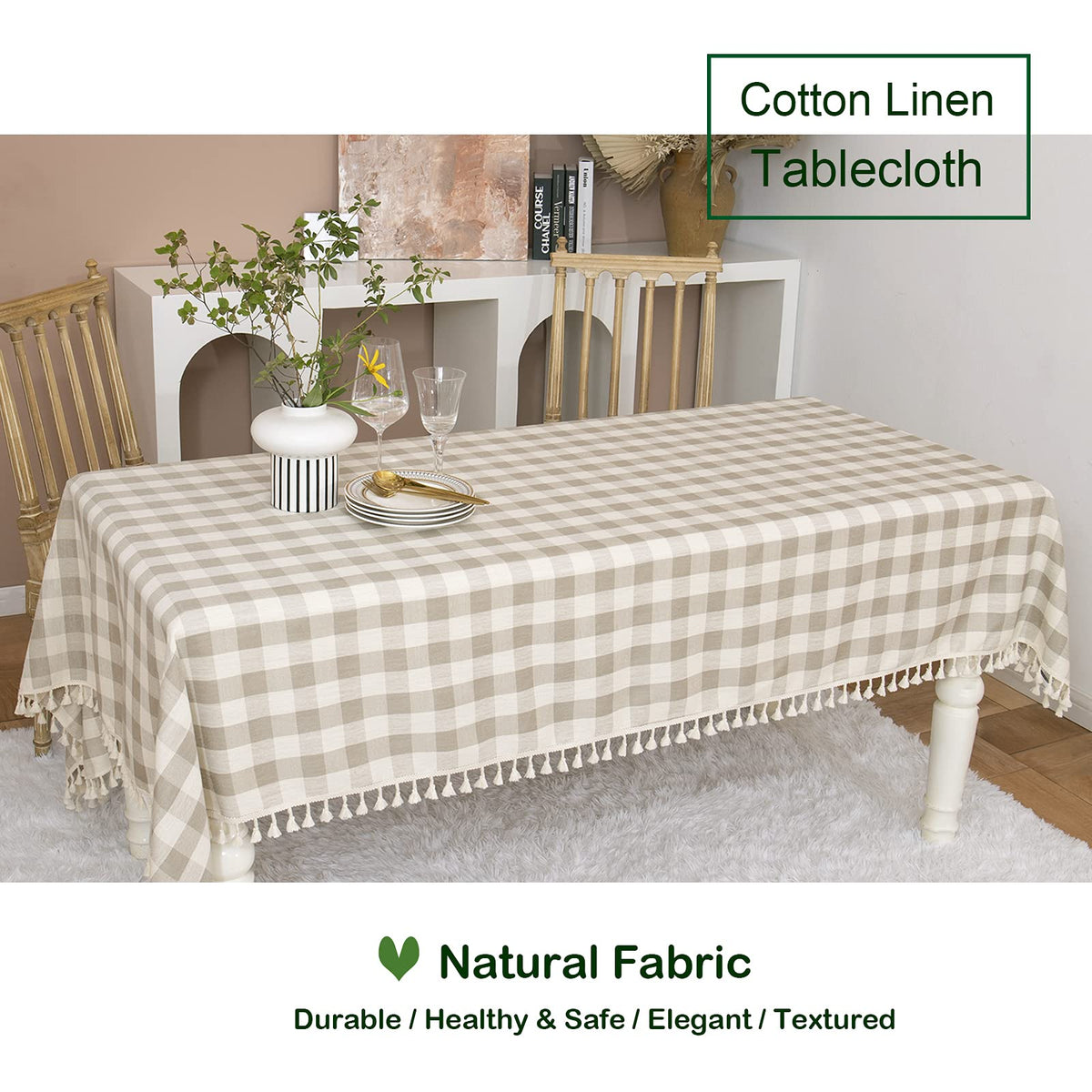 Farmhouse Gray Khaki Gingham Tablecloth Rectangle 55"x70"