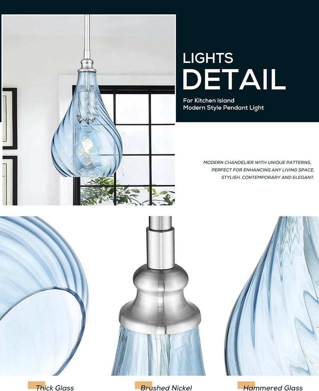 2 Pack Kitchen Pendant Lighting Over Island 6 Inch,Hanging Pendants Light,Brushed Gold Finished Striped Glass Pendant