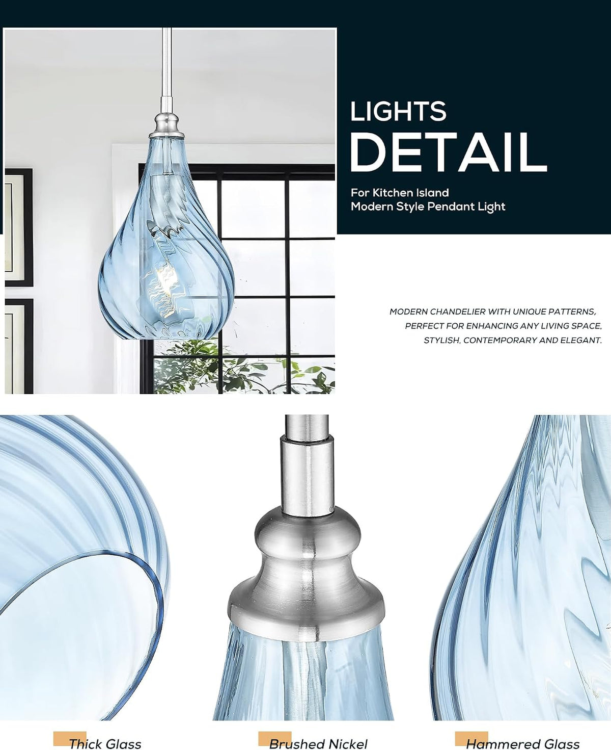 2 Pack Kitchen Pendant Lighting Over Island 6 Inch,Hanging Pendants Light,Brushed Gold Finished Striped Glass Pendant