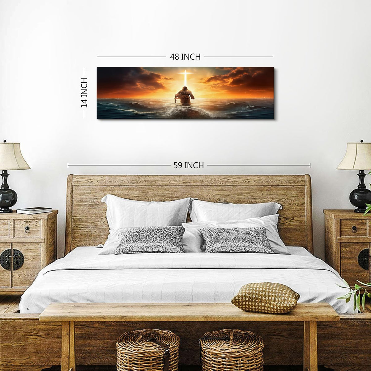 Christian Bible Canvas Wall Art Above Bed, Jesus Walking on Water Picture Wall Decor Sunrise Ocean Sea Cross Painting