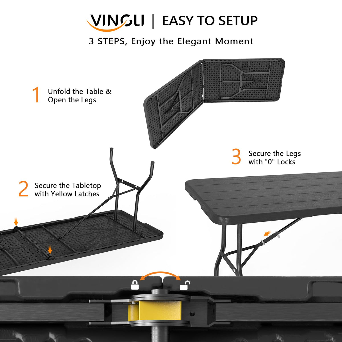 8 Foot Plastic Folding Table Portable Long Table for Indoor Outdoor Use Rectangular with Carrying Handle, Black