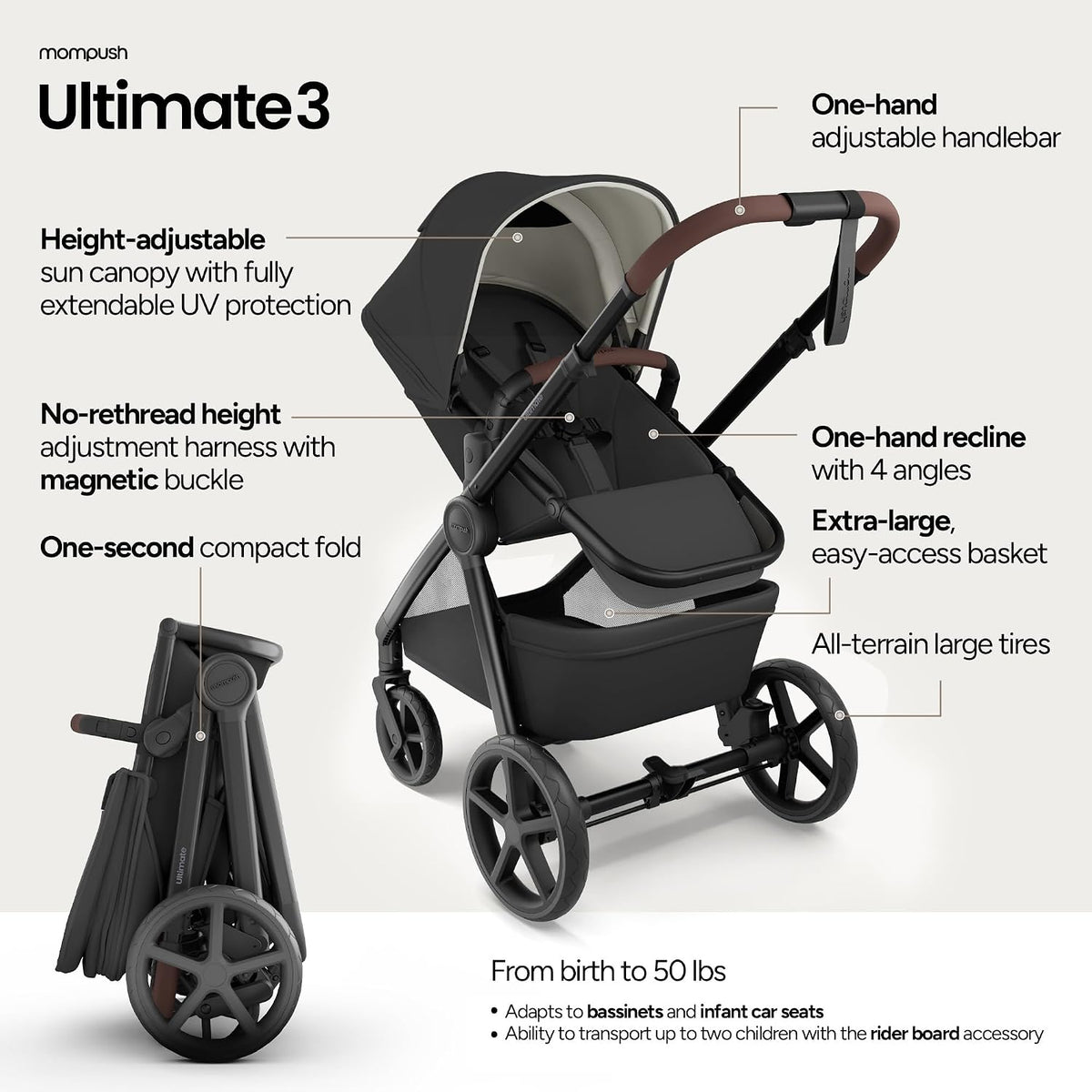 Ultimate 3 Full Size Stroller, Extendable Seat, Infant to Toddler