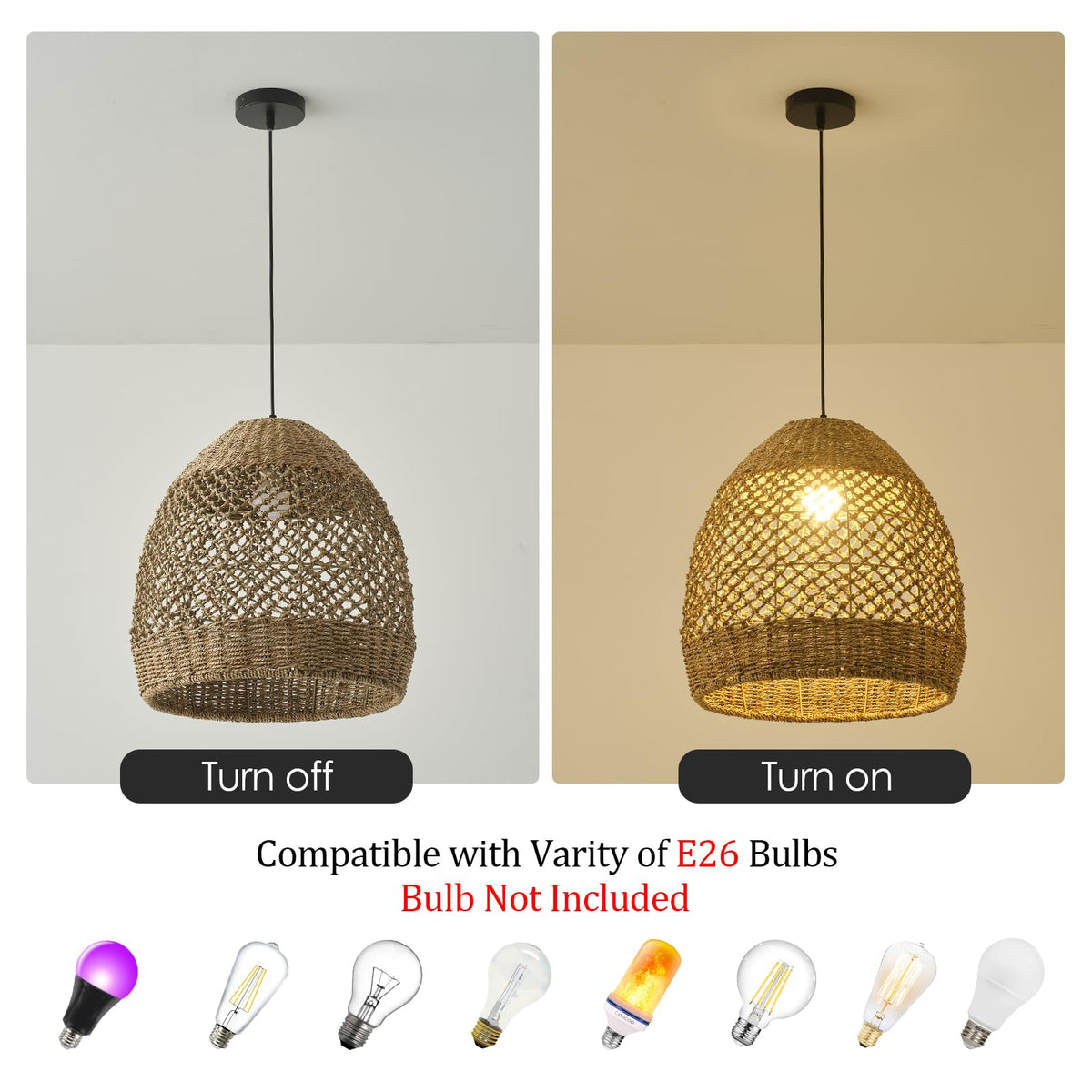 Rattan Pendant Light, 13.78" Boho Seagrass Chandelier