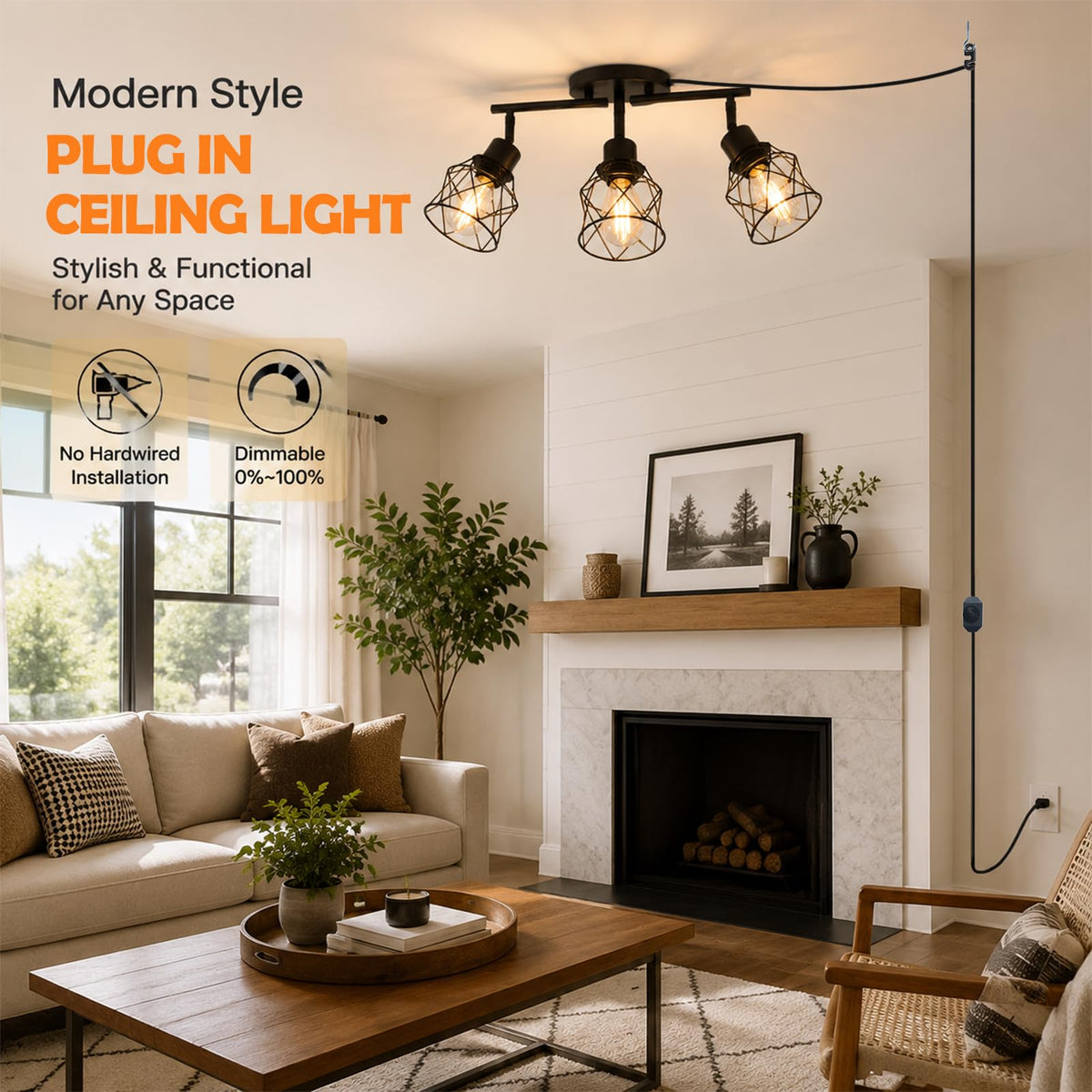 Dimmable Plug in Ceiling Light,Plug in Track Lighting,3 Light Black Industrial Farmhouse Ceiling Light with 16.5'
