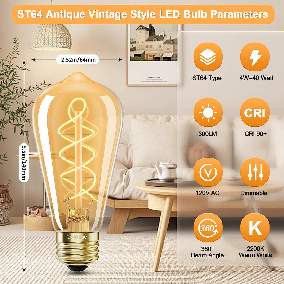 E26 LED Bulb 4W Equivalent 40 watt,Vintage Edison Bulbs,Warm White 2200K Amber E26 Edison Bulb dimmable, ST21/ST64