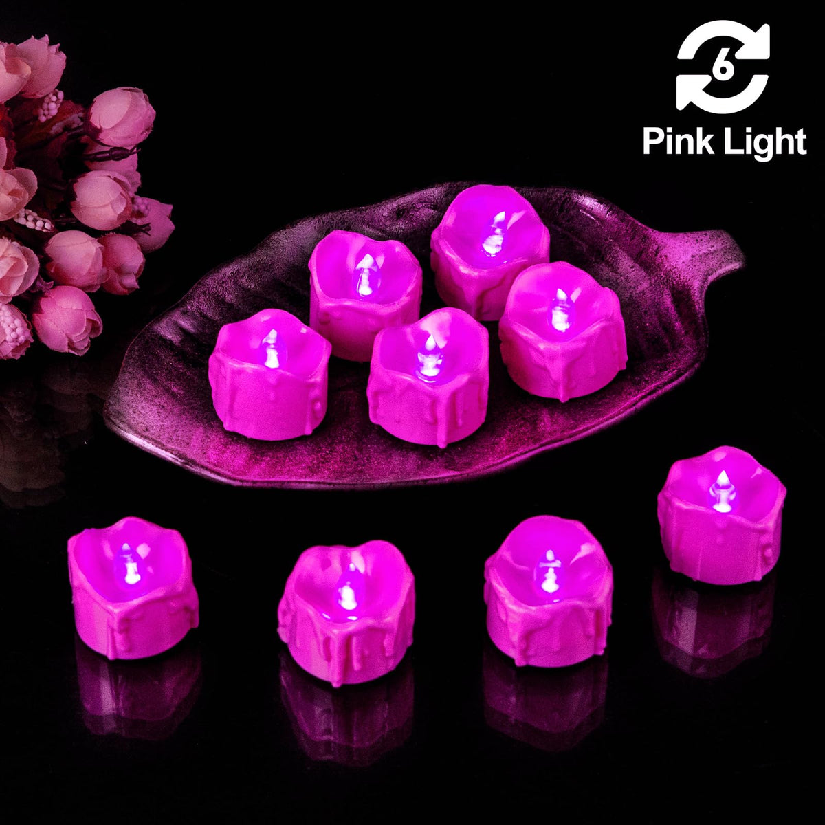 Pink Flickering Flame Tea Lights with 6H Timer, Battery Operated