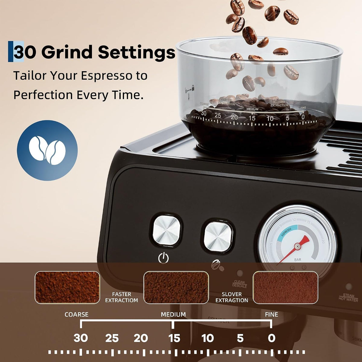 Espresso Machine with Grinder, 20 Bar Semi Automatic Espresso Maker with 30-Setting Precision Coffee Grinder & Steam
