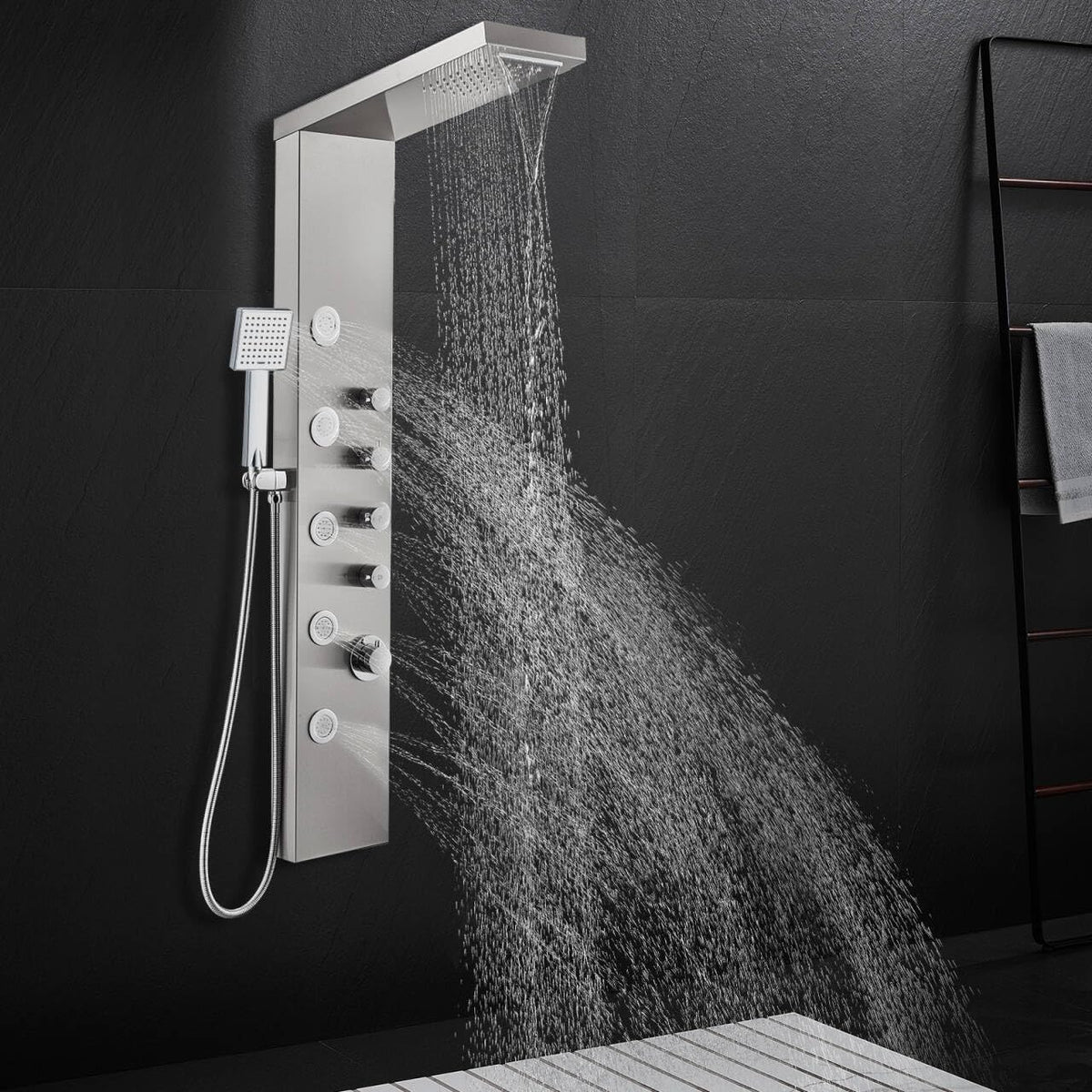 4-in-1 Rainfall Waterfall Shower Panel Tower System, Brushed Finish