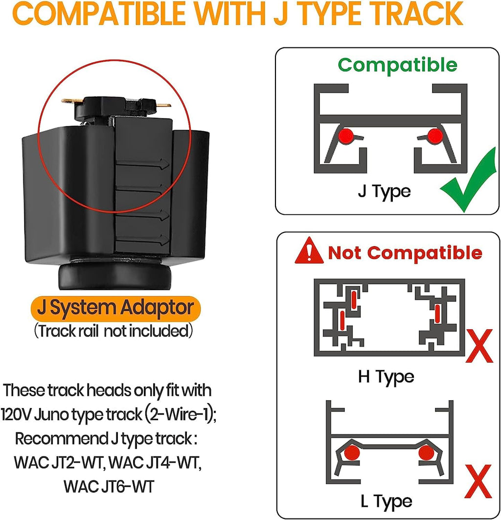 J Type Track Lighting Heads Dimmable, Black, Pack of 6