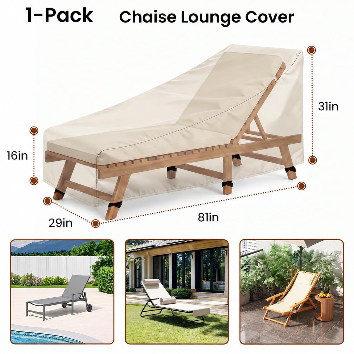 Chaise Lounge Cover 1 Pack Heavy Duty Patio Furniture Covers with Storage Bag, Buckles & Drawstring Outdoor Lounge