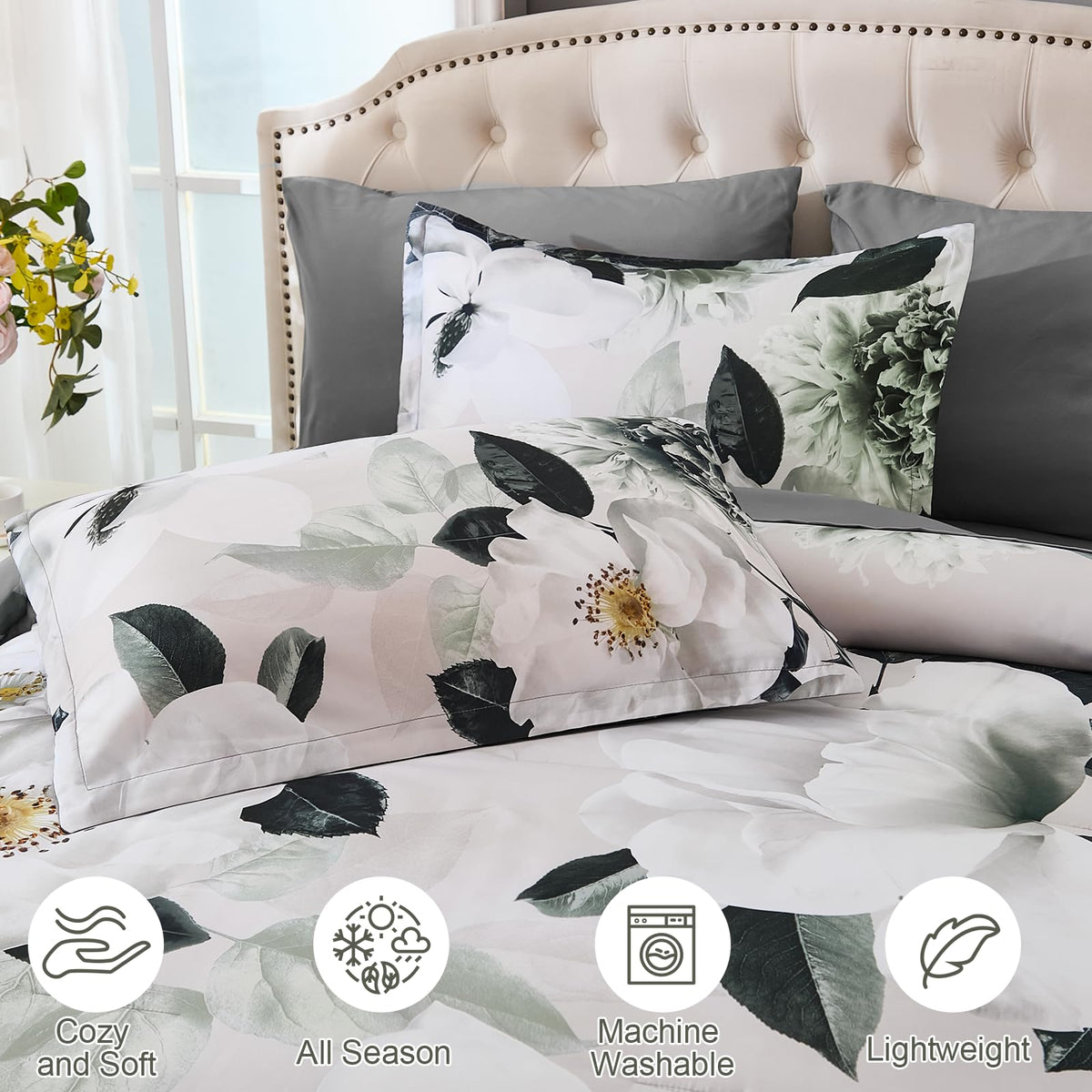 Luxury Grey Floral Comforter Set 7 Pieces