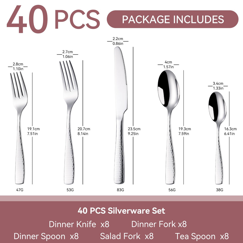 40 Piece Hammered Silverware Set for 8, 18/10 Stainless Steel Flatware