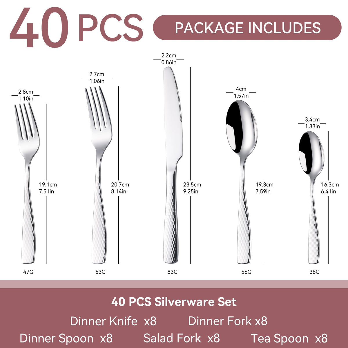 40 Piece Hammered Silverware Set for 8, 18/10 Stainless Steel Flatware