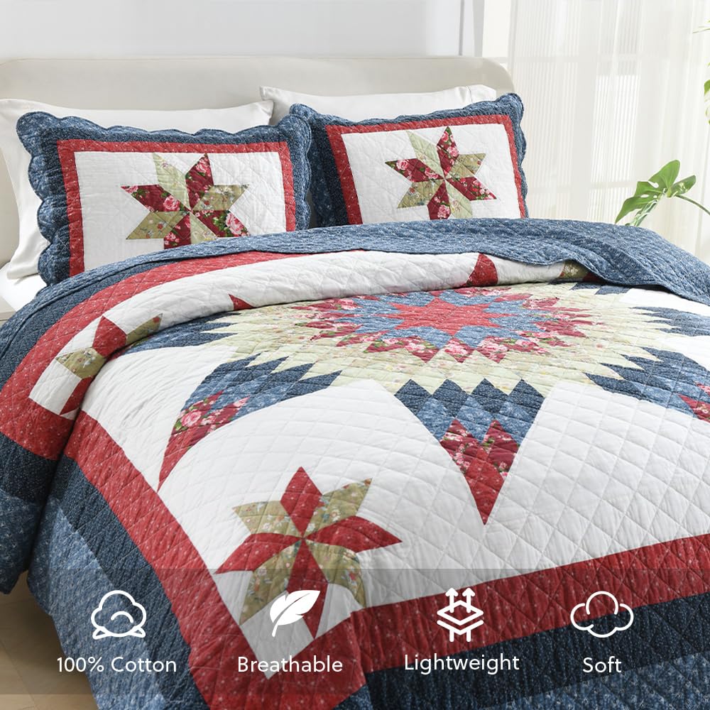 Cotton Quilt Bedding Sets 3 Pieces Soft Reversible Coverlets Luxury Star Handmade Real Patchwork Red Blue Bedspread