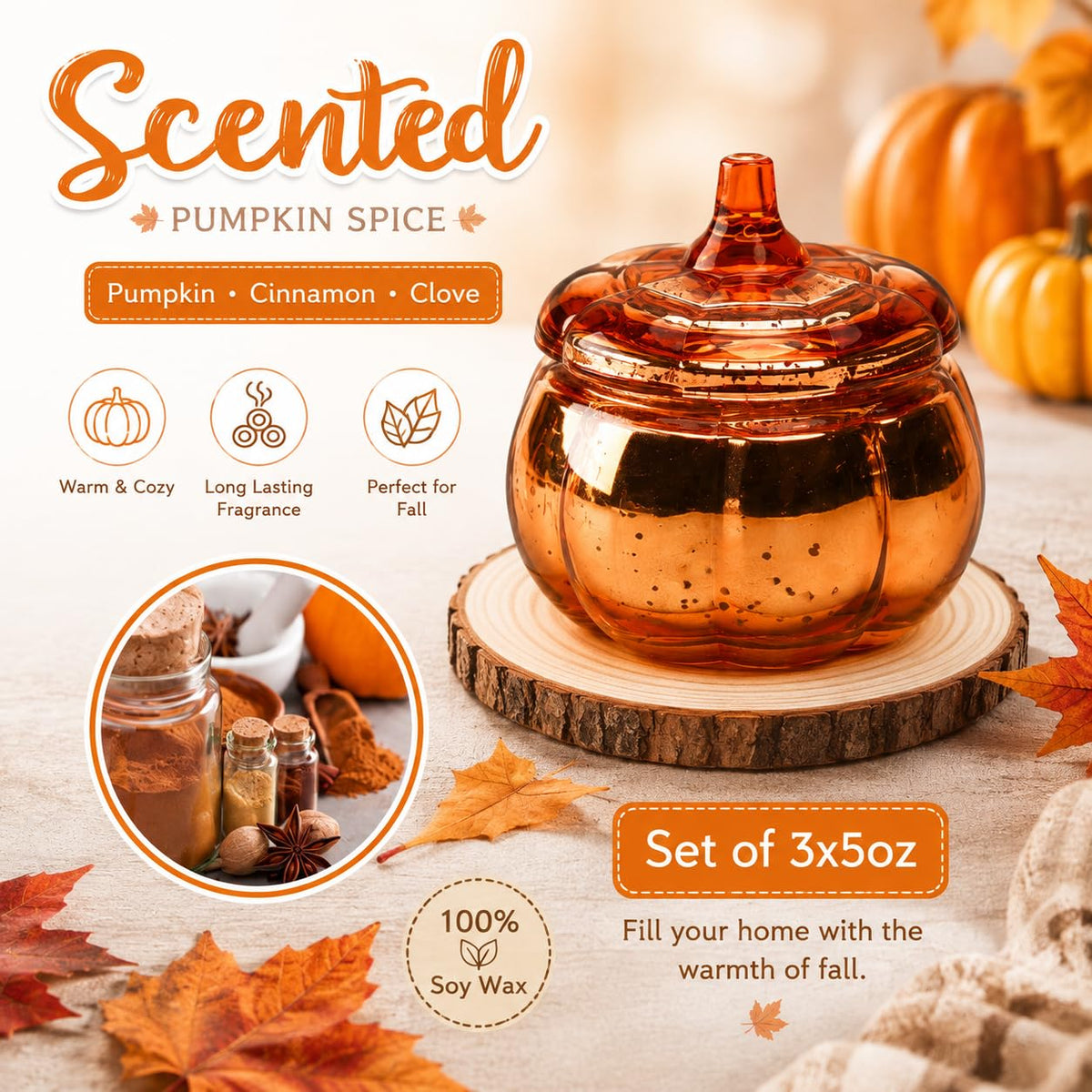 Pumpkin Shaped Candles 3 Pack, Fall Pumpkin Spice Scented Candles 15oz