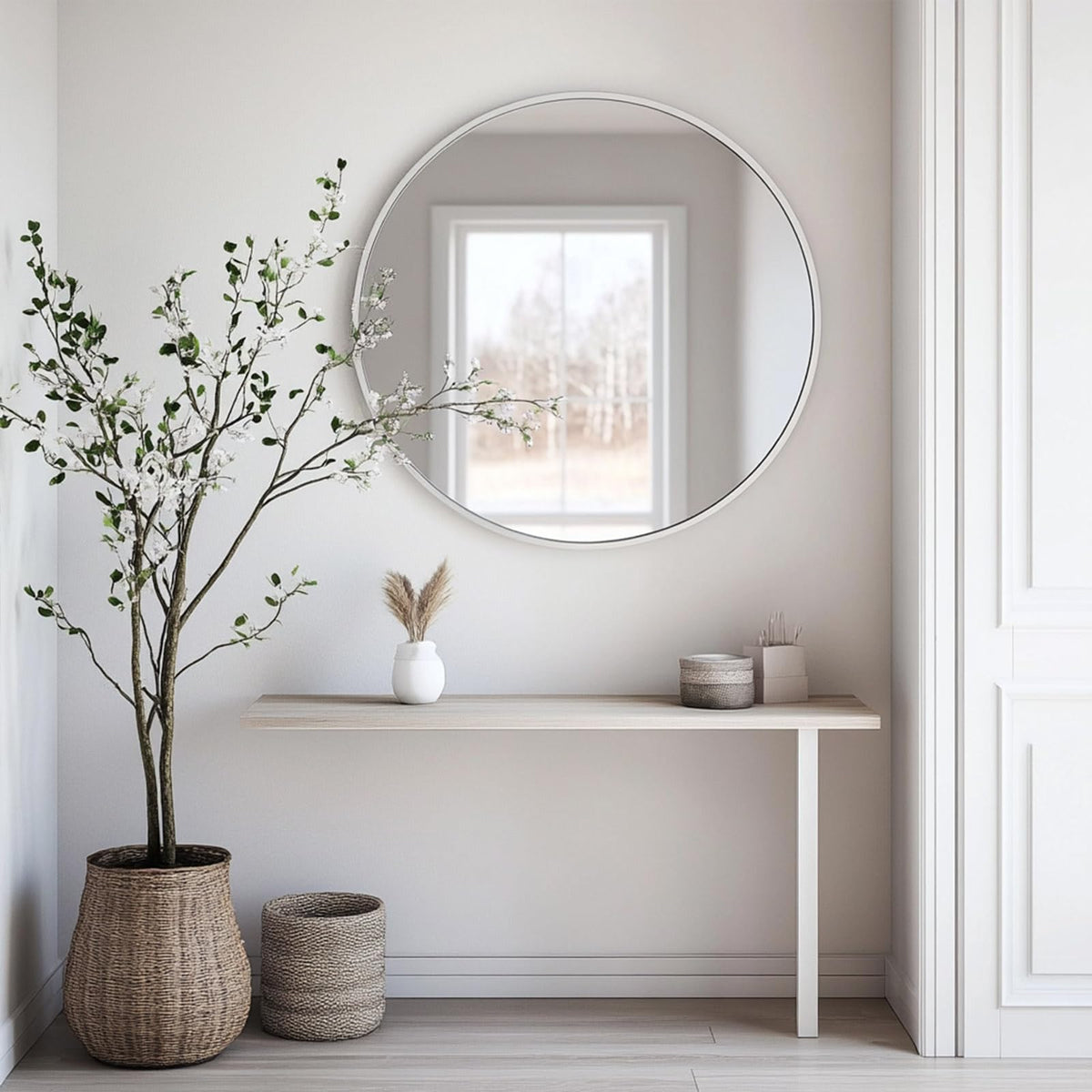 Round Mirror, 24 inch White Circle Mirror, White Metal Frame Circular