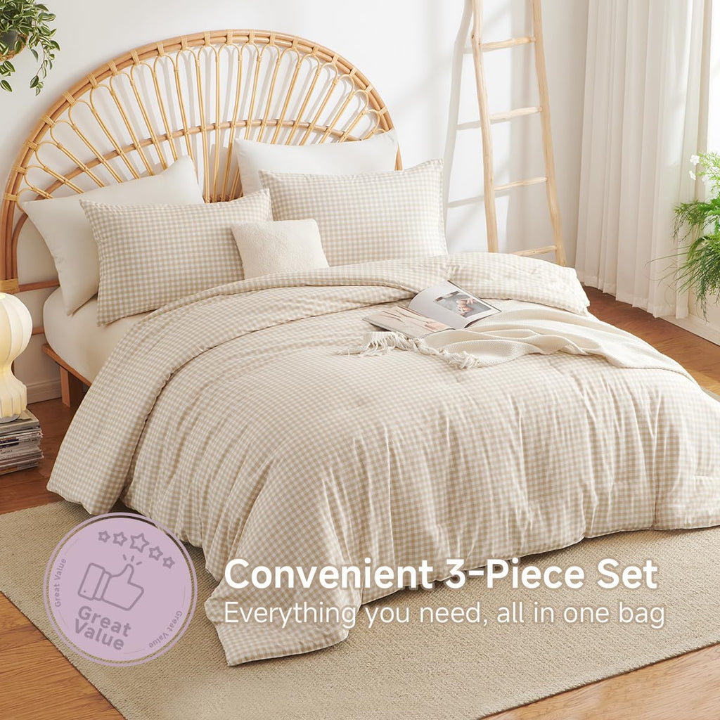 Gingham Comforter Set Beige Bedding Set and 2 Pillowcases