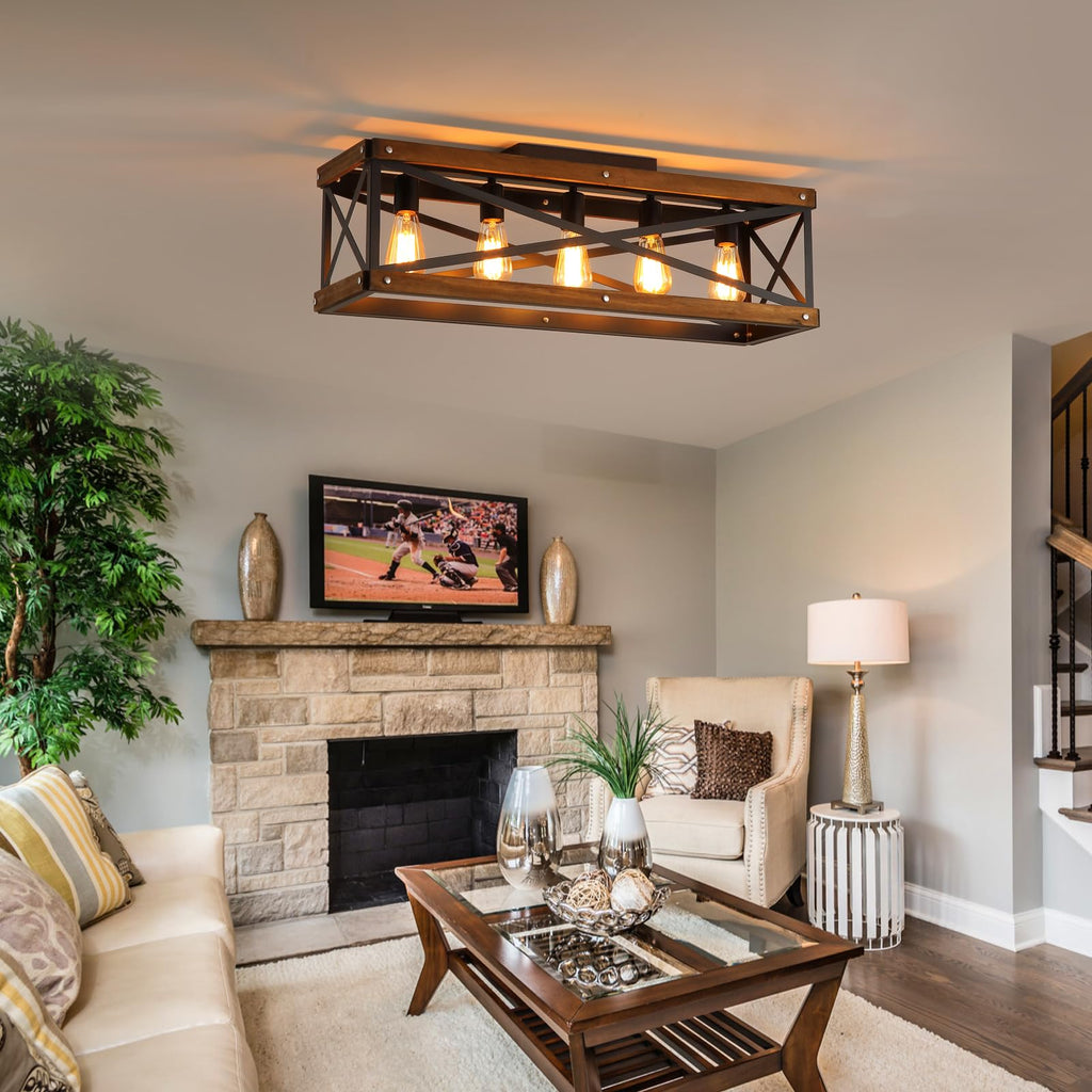 5-Light Large Rustic Farmhouse Wood Flush Mount Ceiling Light Fixture 31.5 inch Oak Wood and Metal Rectangular Track