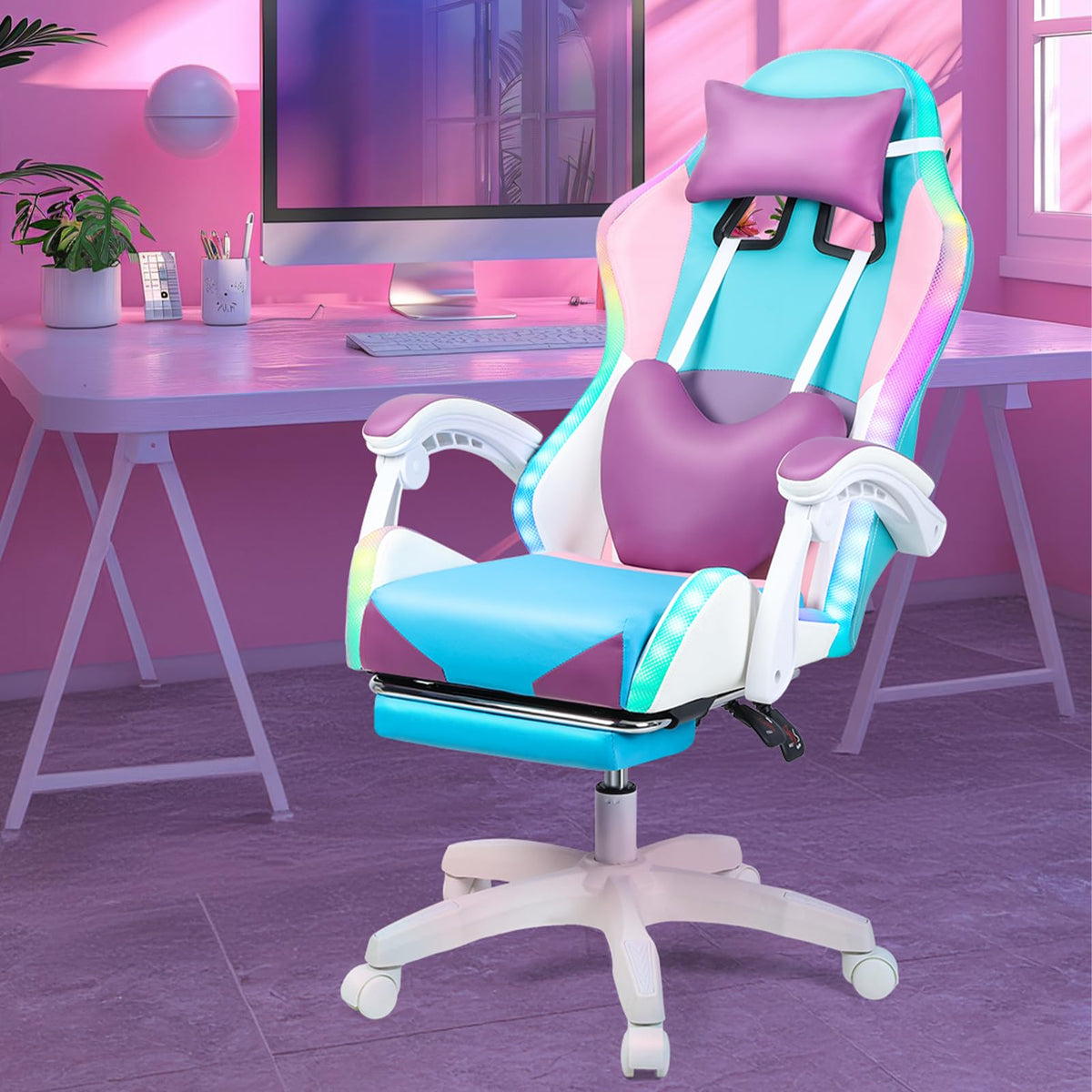 Gaming Chair with Led Lights, Gamer Chair with Footrest High Back and Lumbar Support, Ergonomic Height Adjustable