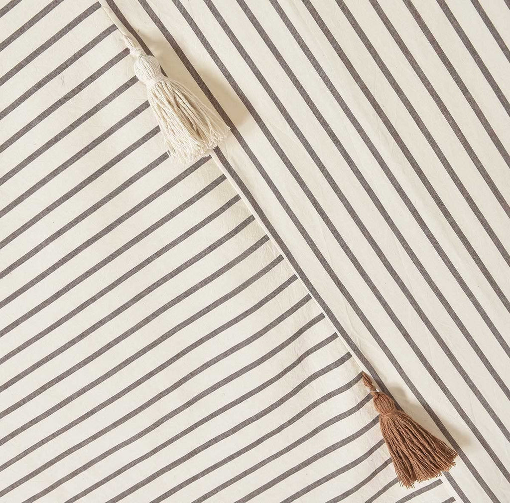 Taupe and Beige Stripe Patchwork Cotton Tassel, Farmhouse, Country Rustic and Cute Style, 72 x 72 in