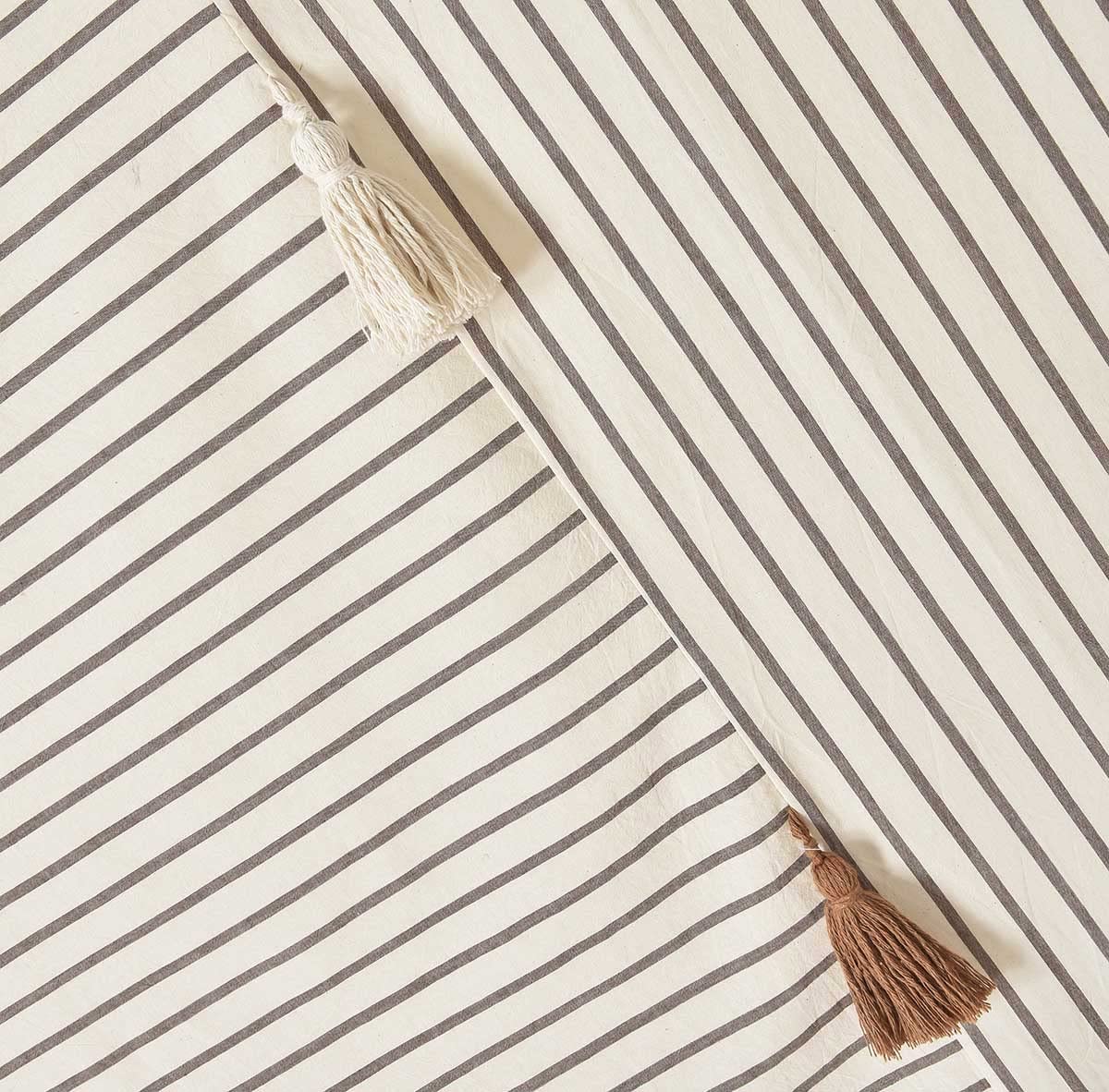Taupe and Beige Stripe Patchwork Cotton Tassel, Farmhouse, Country Rustic and Cute Style, 72 x 72 in
