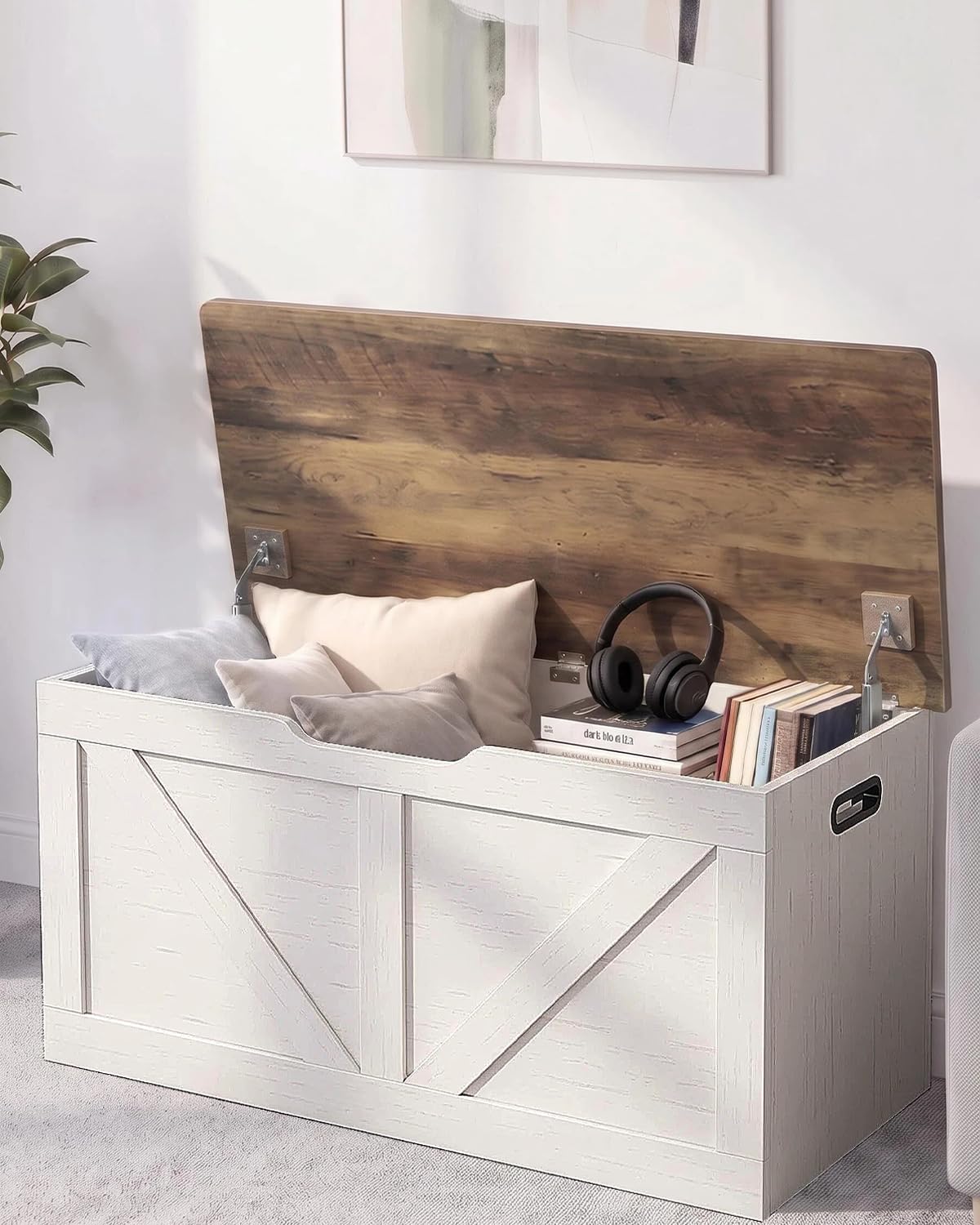 39.4" Storage Chest, Wooden Storage Bench, Brown and Rustic White