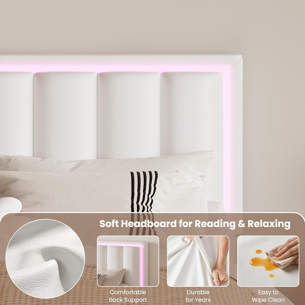 Full Size Bed Frame with Headboard and 4 Storage Drawers, Faux Leather Upholstered Platform Bed with LED Lights