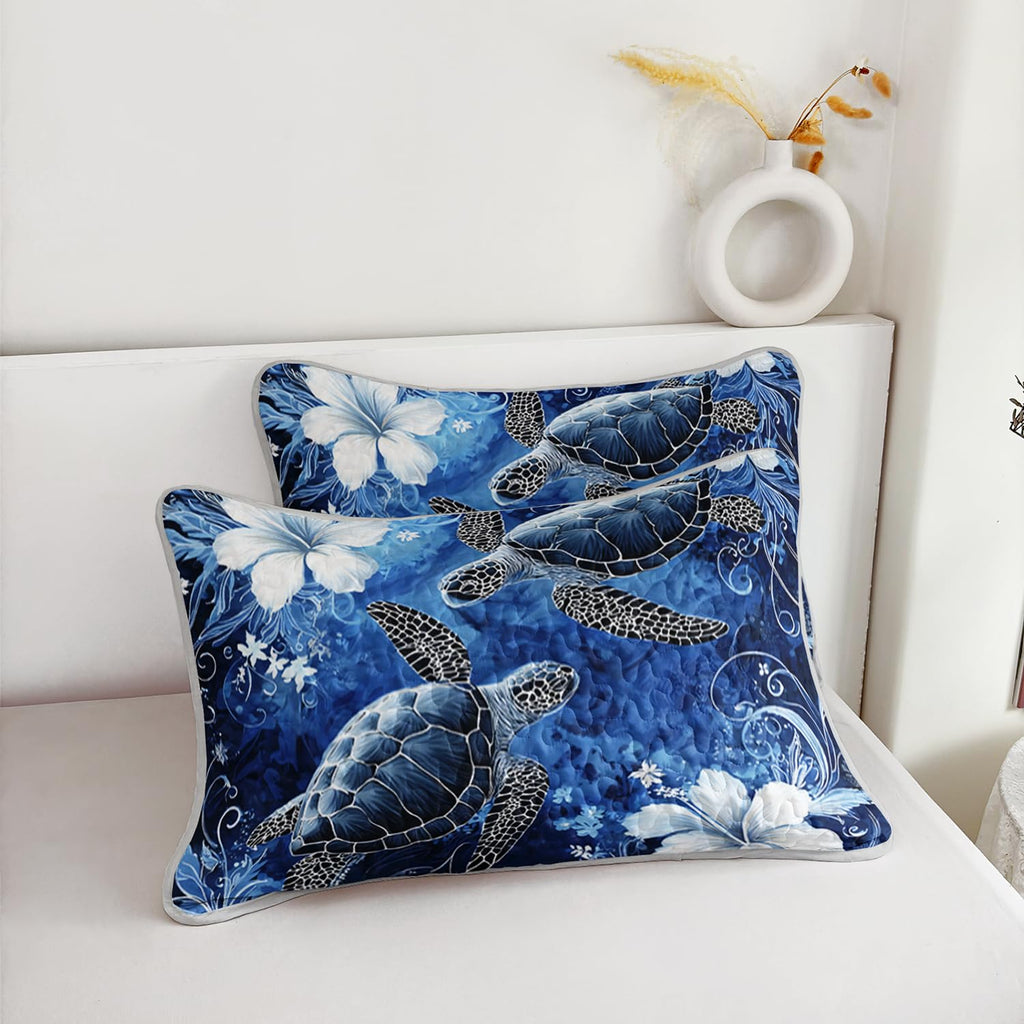 Floral Sea Turtle Quilt, Coastal Bedspread with 2 Pillowcases.