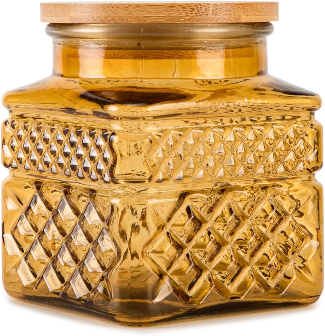 20 FL OZ Small Vintage Glass Jar with Airtight Bamboo Lid,Thick Glass,Amber