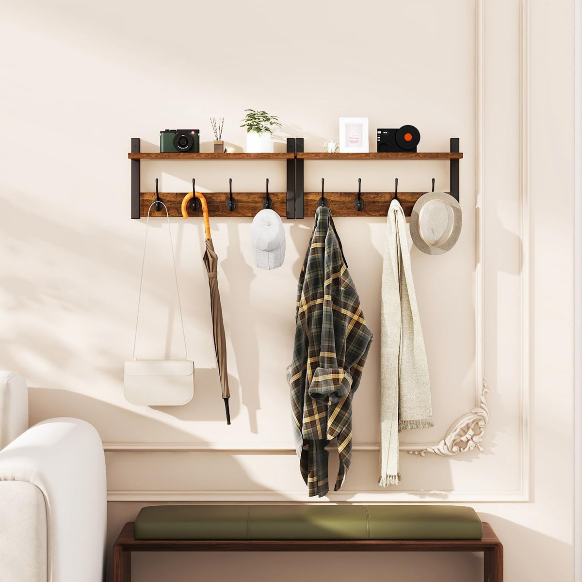 Coat Rack Wall Mount with Shelf and Hooks, Rustic Brown