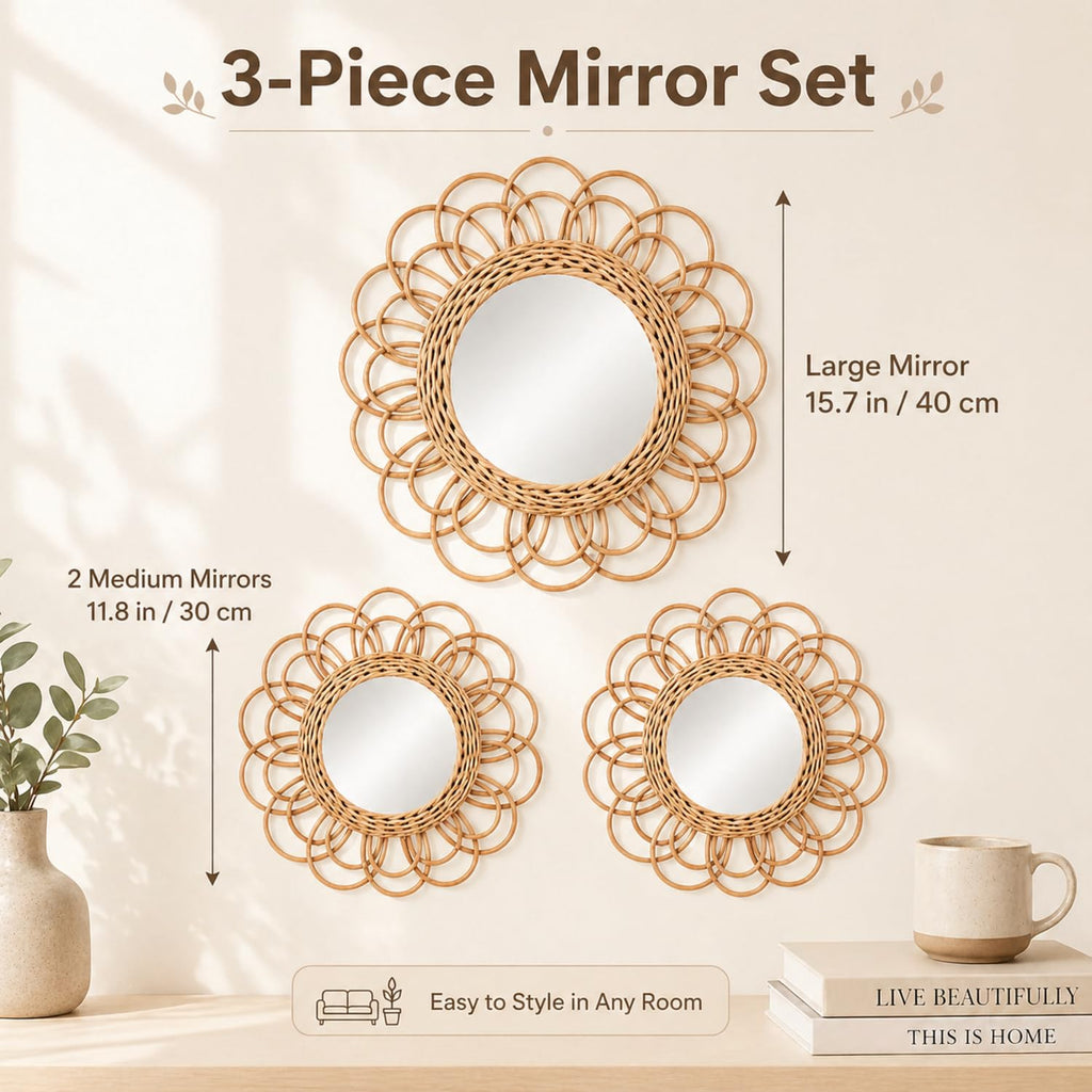 3 Pack Boho Rattan Mirror Wall Hanging Wicker Flower Decor