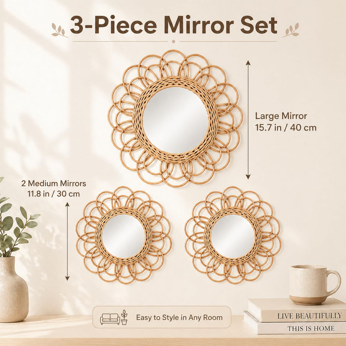3 Pack Boho Rattan Mirror Wall Hanging Wicker Flower Decor