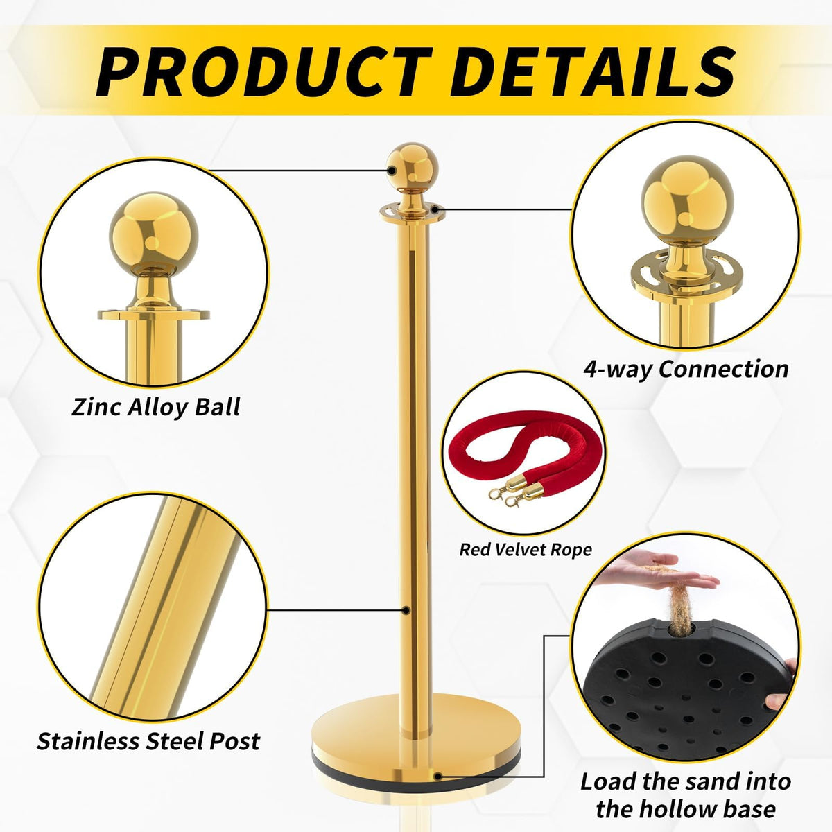 6PCS Stanchion Post, Crowd Control Barriers, 5 ft Red Velvet Rope Red Carpet Ropes and Poles, Stainless Steel Gold
