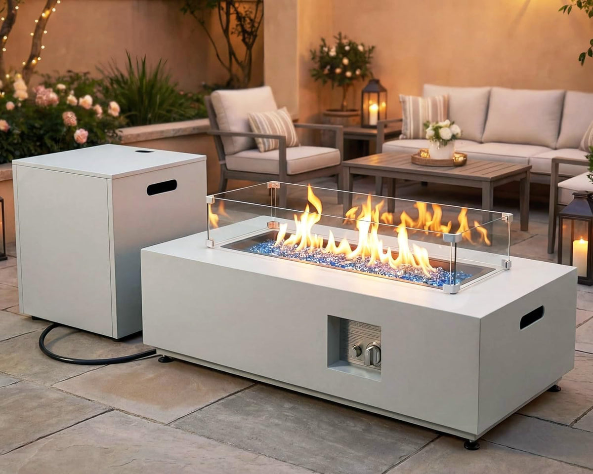 42 inch Rectangle Propane Fire Pit, Low-Profile Outdoor Fireplace with Hideaway Tank Table, 50, 000 BTU Modern Patio