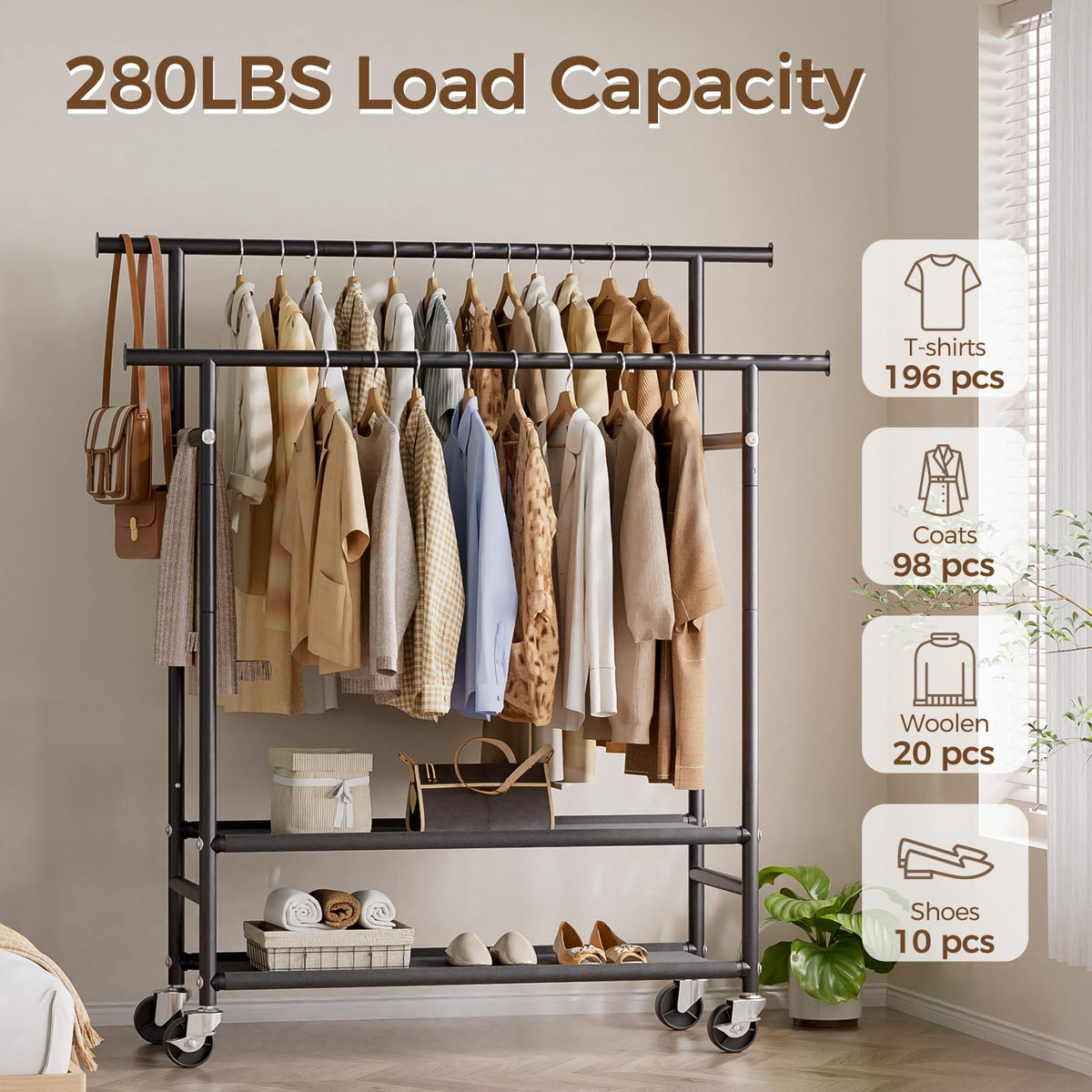 Clothes Rack,Double Rods Rolling Clothing Rack for Hanging Clothes,Portable Garment Rack with 2-Tier Storage