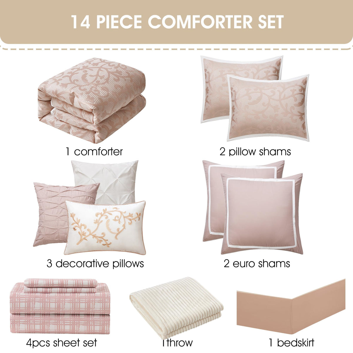 Blush Paisley Comforter Set Queen Size, 14 Piece, Jacquard Bedding Sets & Collections, 1 Flat Sheet, 1 Fitted Sheet