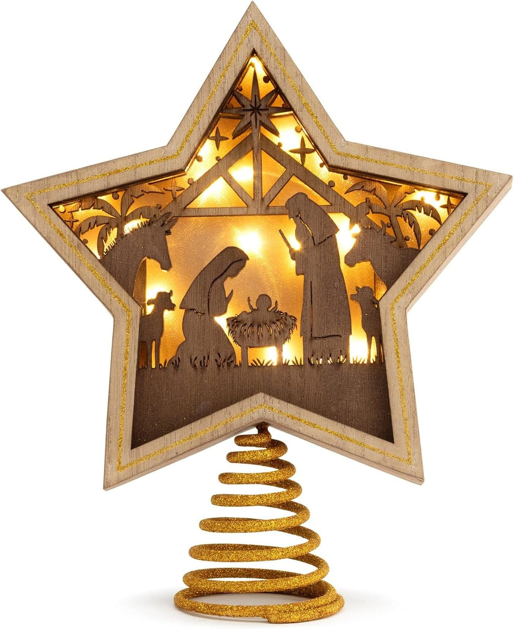 Lit Star Nativity Tree Topper, Gold Wooden Star, 10 x 8.5 in