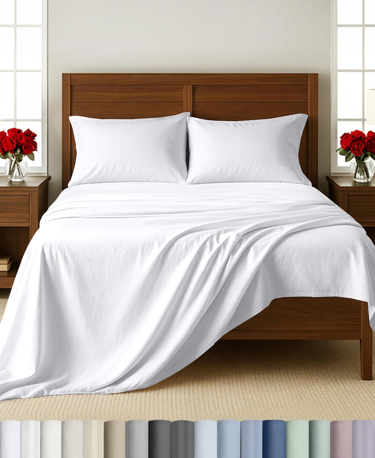 Softest 100% Cotton Sateen Sheets, 4 Pcs, White